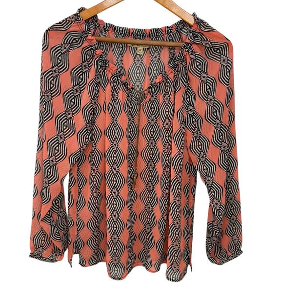 DEMOCRACY Peasant Top Size Medium Lightweight Sheer Y2K Boho Geometric - Picture 5 of 12